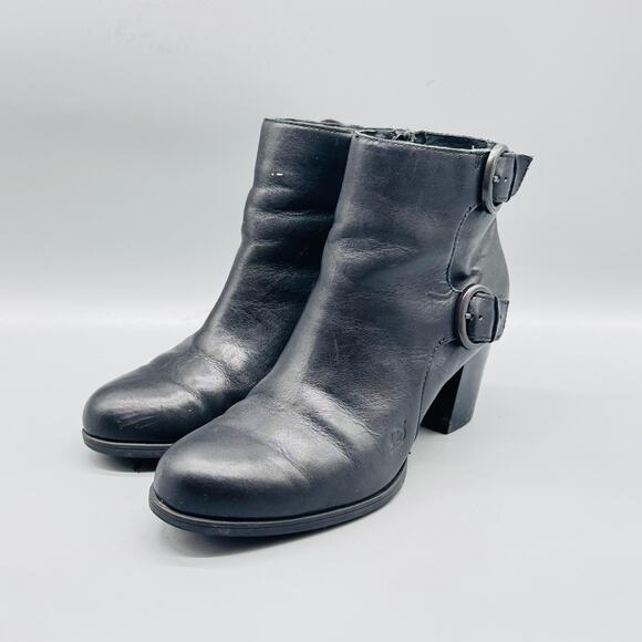 Born Boots Women 7.5 Black Leather Ankle Bootie Buckle Strap Side Zip Block Heel - Picture 4 of 12